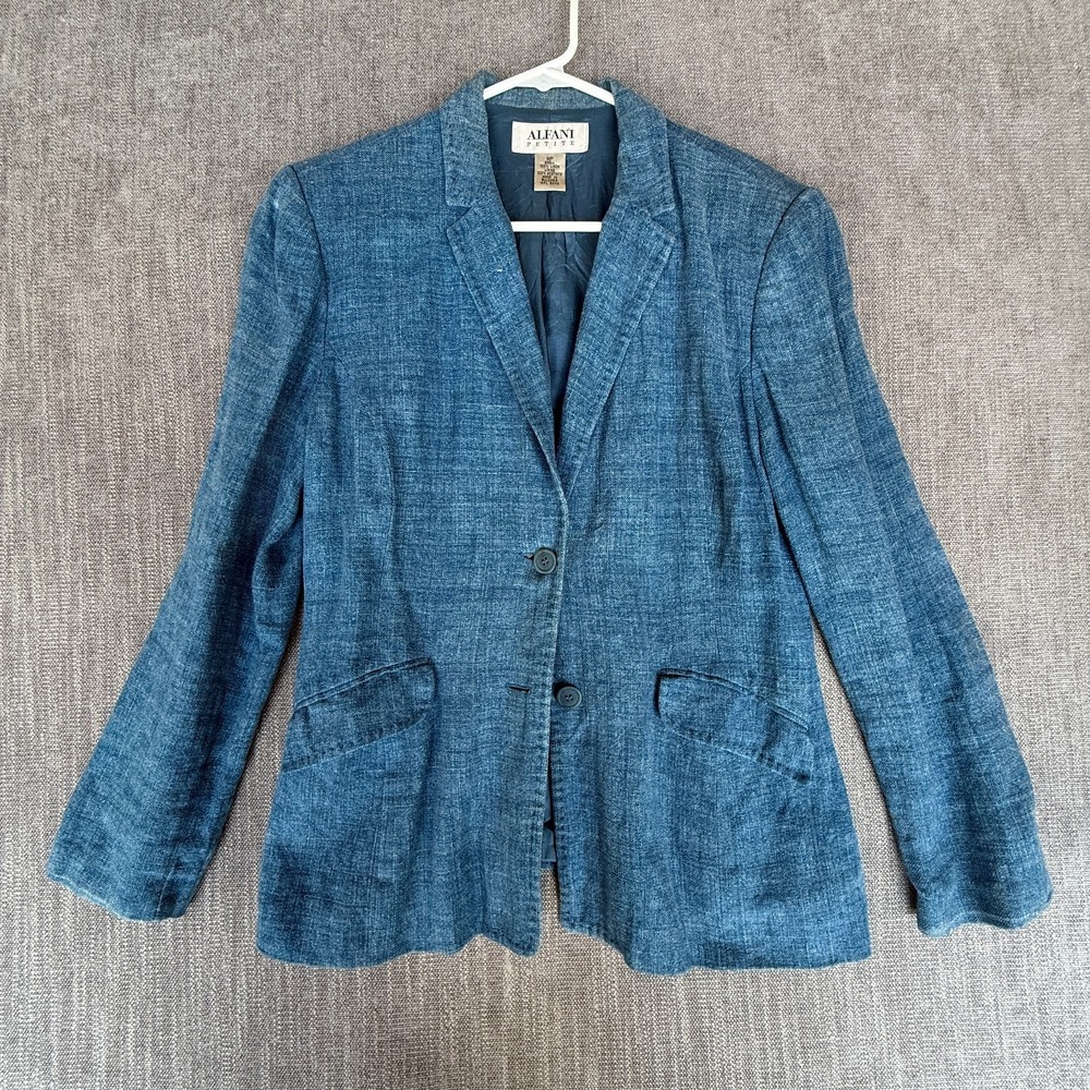 Alfani Linen Blazer Jacket Womens Petite 8P Blue Office Career Single Breasted